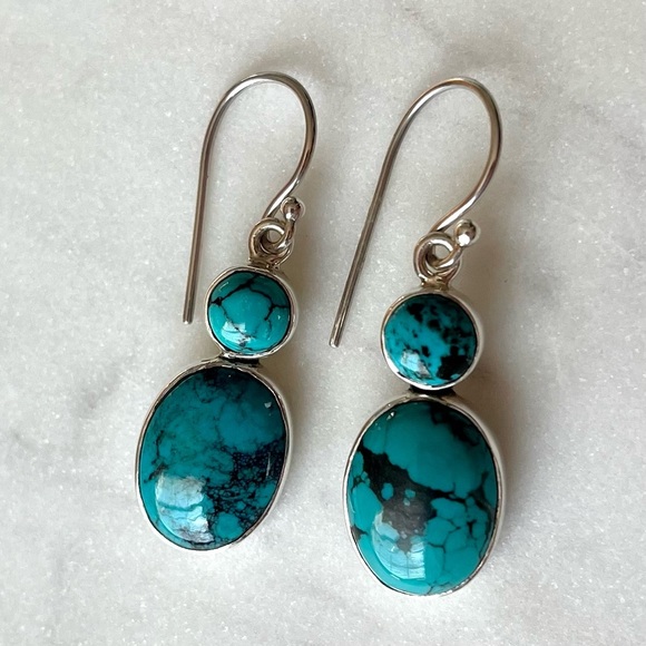 Jewelry - Cabochon Dangle Green Turquoise Sterling Silver French Hook Earrings
